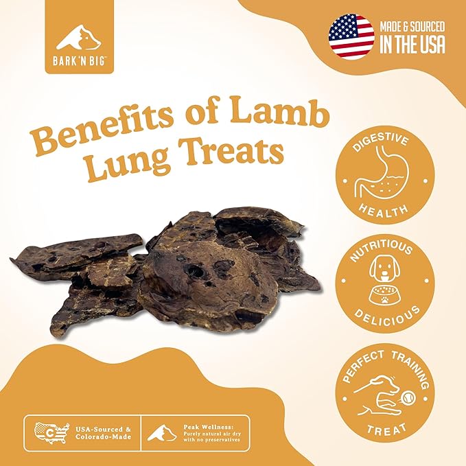 BARK'N BIG Lamb Lung Dog Treats Made in USA - Single Ingredient Lamb Dog Treats - Dehydrated Natural Lung Puffs for Dogs - 5oz