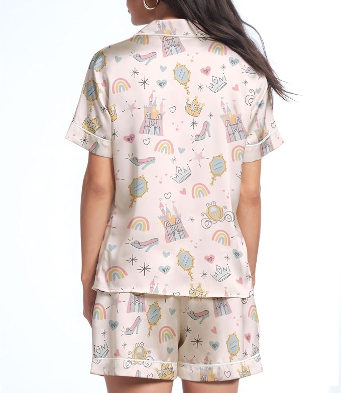 Women’s Silk Satin Pajama Set, Short Sleeve Button Down 2 Piece PJs with Shorts, Cozy Loungewear & Matching Holiday Pajamas