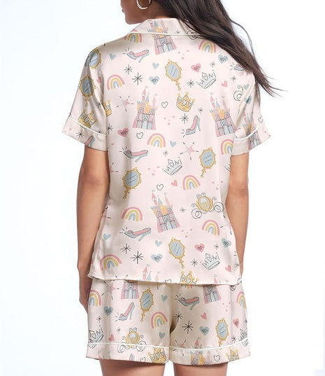 Women’s Silk Satin Pajama Set, Short Sleeve Button Down 2 Piece PJs with Shorts, Cozy Loungewear & Matching Holiday Pajamas