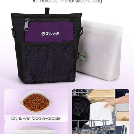 Gobeigo Dog Treat Pouch with Silicone Snack Bag, Front Pocket fits All Phones, 4 Cup Treat Bag with Training Clicker, Upgrade Stronger Magnetic Closure, 3 Ways to Wear Walking Fanny Pack (Purple)