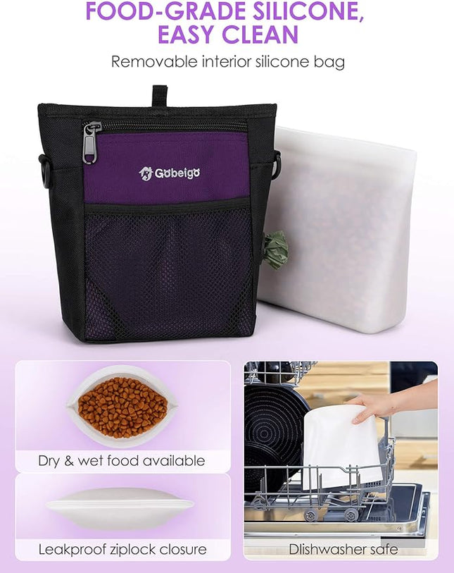 Gobeigo Dog Treat Pouch with Silicone Snack Bag, Front Pocket fits All Phones, 4 Cup Treat Bag with Training Clicker, Upgrade Stronger Magnetic Closure, 3 Ways to Wear Walking Fanny Pack (Purple)
