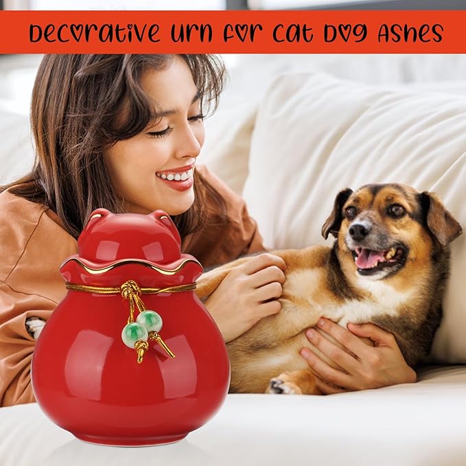 SOITIS Engraving Customized Pet Memorial Urn for Cat or Dog Ashes - 3.54"x3.15" Elegant Ceramic Keepsake Holder with Cat-Shaped Lid & Gold Trim, Small Red Urn for Pet Ashes