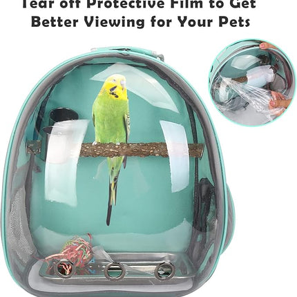 Bird Backpack Carrier with Perch, Portable Bird Travel Cage Bag, Clear Parrot Carrier Cockatiel Cage with Toy Stainless Steel Food Bowl Tray for Conures Parakeet Budgie Canary Lovebirds Small Animals