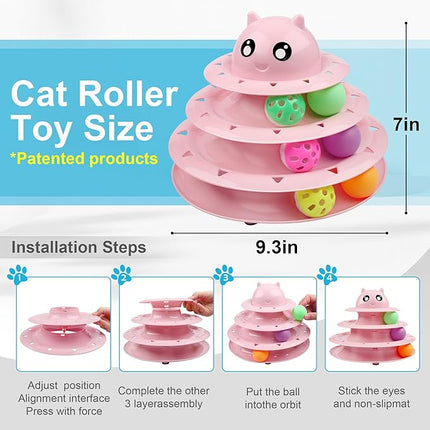 UPSKY 3-Level Turntable Kitten Toys Set - 24 PCS Interactive Cat Roller for Indoor Cats, Catnip, Teaser, Mice, Spring, and Various Ball Toys for Kitty