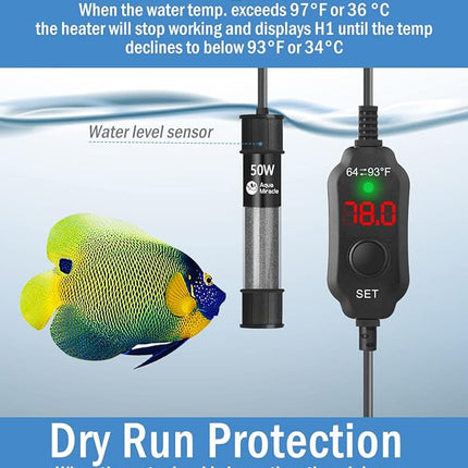 AquaMiracle Adjustable 50W Aquarium Heater Submersible Fish Tank Heater Super Short Aquarium Heater with LED Digital Display Thermostat, for Tanks 5-10 Gallons