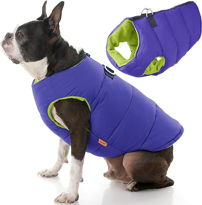 Gooby Padded Vest Dog Jacket - Solid Purple, Small - Warm Zip Up Vest Fleece Jacket with Dual D Ring Leash Water Resistant for Small to Medium Dogs
