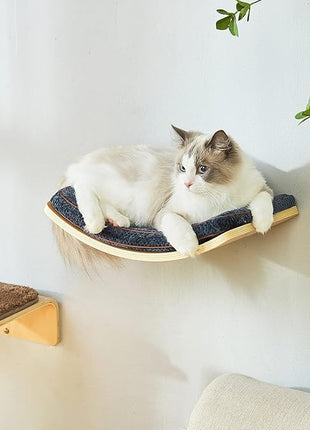 Cat Shelf with Comfortable Cushion - Curved Cat Shelves and Perches for Wall (Medium Size) - Wall Mounted Cats Furniture for Sleeping, Playing, Climbing, and Lounging