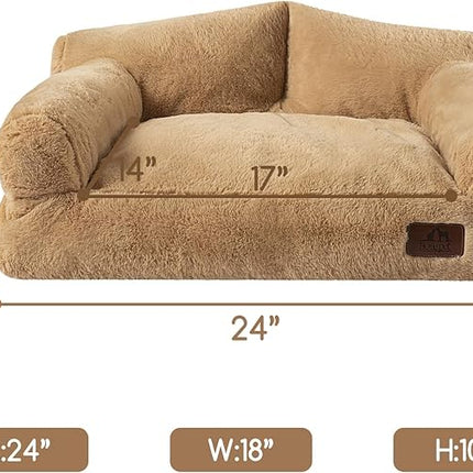 Hollypet Fluffy Plush Pet Dog Cat Couch Soft Calming Pet Sofa Bed for Medium Small Cats and Dogs, Light Brown