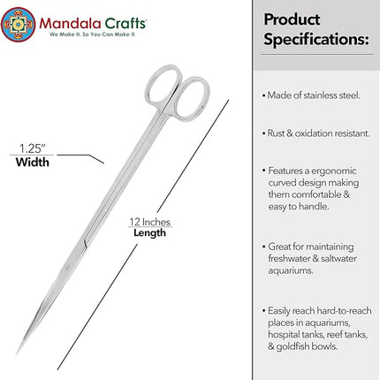 Mandala Crafts 12 Inches Silver Stainless Steel Straight Aquarium Scissors for Trimming Aquatic Plants – Long Aquascape Scissors for Fish Tanks, Hospital Tanks, Goldfish Bowls, and Terrariums