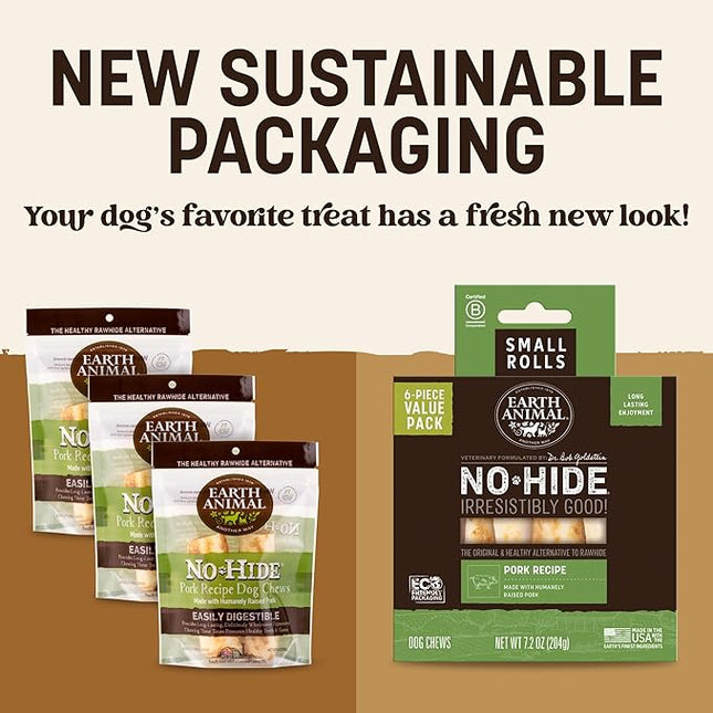 Earth Animal No Hide Chews - Long Lasting Rawhide Free Small Dog Chews Rolls, Pork - 6 Count
