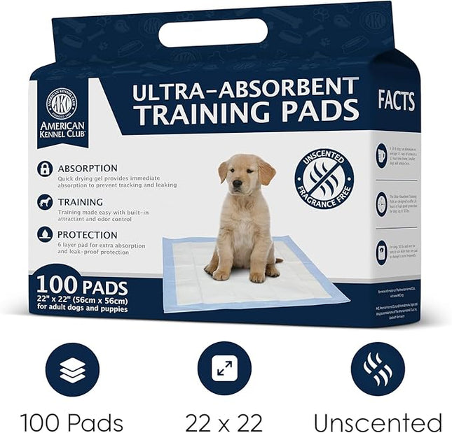 American Kennel Club Puppy Training Pads with Ultra Absorbent Quick Dry Gel – 22 x 22 Pee Pads for Dogs - 100 Count (Unscented)
