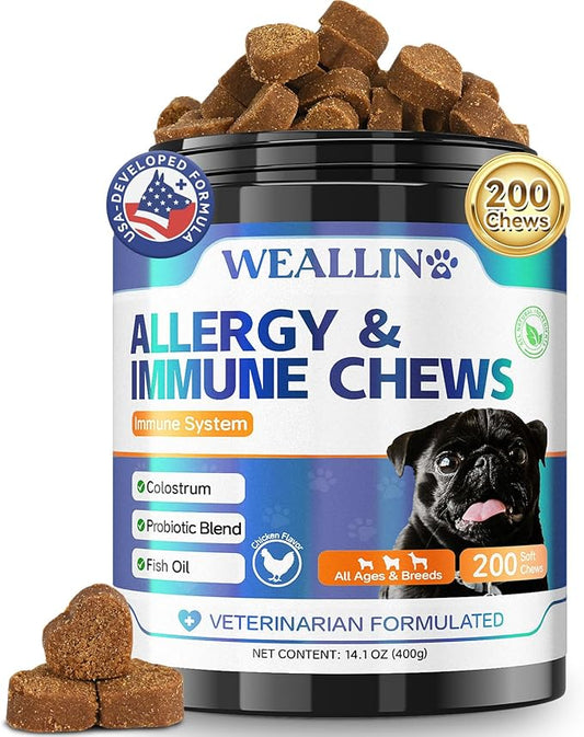 200 PCS Dog Allergy Chews, Dog Allergy Relief Chews with Probiotic Anti-Itch for Dogs - Omega 3 Fish Oil - Itching Skin Relief, Immune & Skin & Coat Support, Hot Spots, Paw Licking and Sensitivities