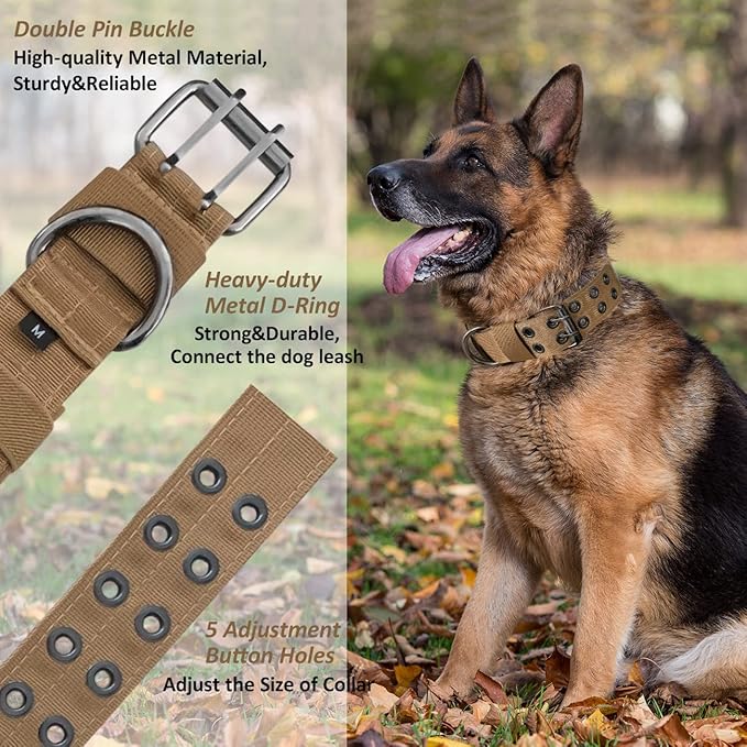 Tactical Dog Collar with Handle, Military Adjustable Heavy Duty Metal Buckle Dog Collars Soft Nylon Training Collar for Medium Large Dogs (Brown, Large)