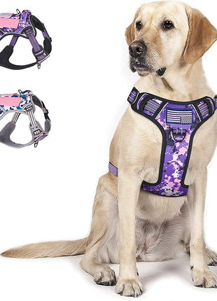 BUMBIN Tactical Dog Harness for Large Dogs No Pull, Famous TIK Tok No Pull Dog Harness, Fit Smart Reflective Pet Walking Harness for Training, Adjustable Dog Vest Harness with Handle Purple Camo XL