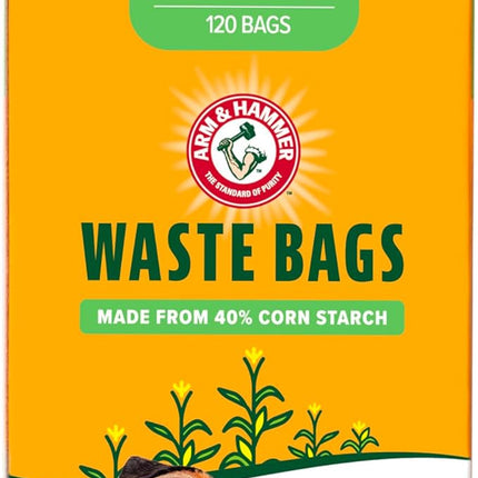 Arm & Hammer Dog Poop Leakproof Plant Based 120 Count Waste Bags, Unscented, Made From 40% Corn Starch With Activated Baking Soda, Pack of 8, Green