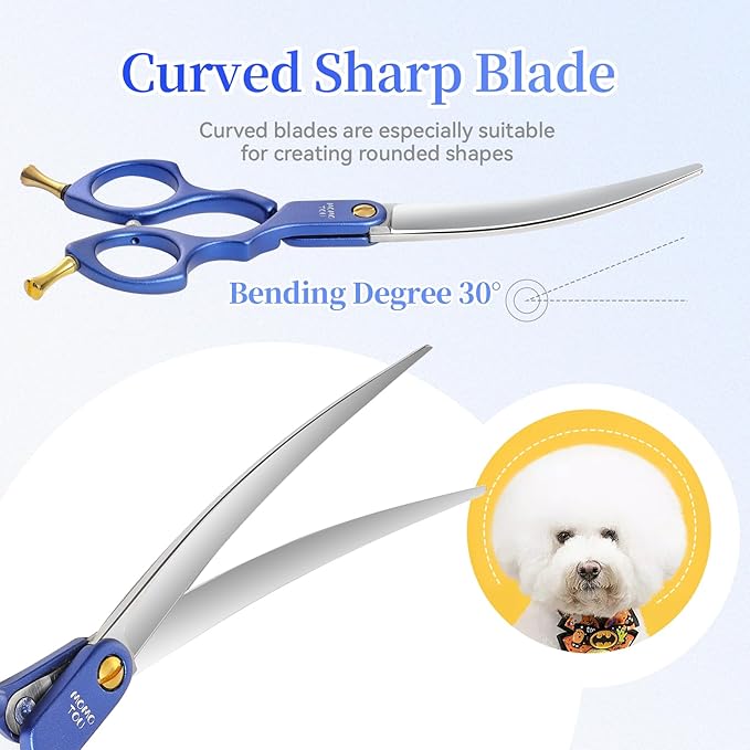 6.5'' Small Curved Dog Grooming Scissors Blue Professional Trimming Shears with Ultra-Lightweight Offset Handle CNC 440C Stainless Steel Blades Pet Scissors for Face and Paws