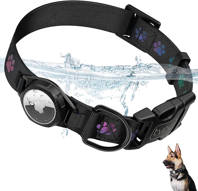Dog Collar with Airtag Holder, IP67 Waterproof Reflective AirTag Dog Collars for Medium & Large Dogs, Adjustable Pet Collar with Twist-Lock Holder & Green Glow for Night (XL, 18.1"-27.95", Black)