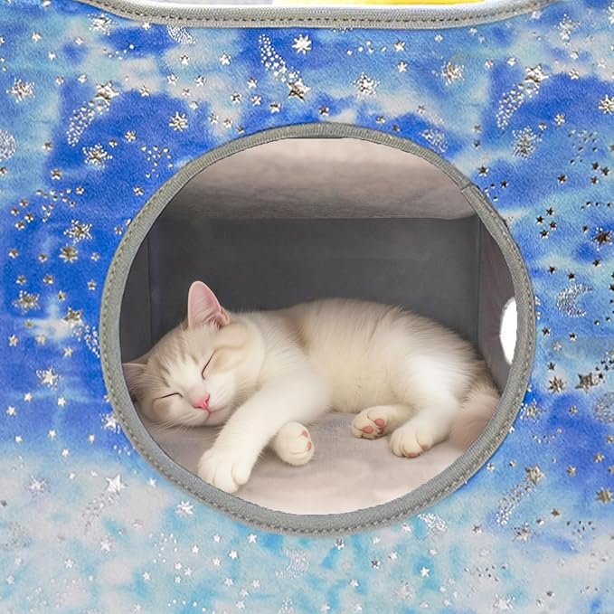 CWV Cat Houses for Indoor Cats, Cute Cat Cave Bed with Scratch Pad, Foldable Cat Cube for Multiple Large Cats, 17X17x13inch, Star Design