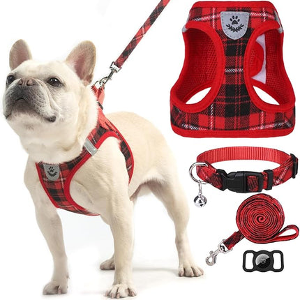 EXPAWLORER Classic Plaid Puppy Harness - Small Dog Harness and Leash Set - Dog Collar and Leash Set with AirTag Holder, Soft Padded Step in Dog Vest Harness No Pull Reflective for Outdoor, Red XXS