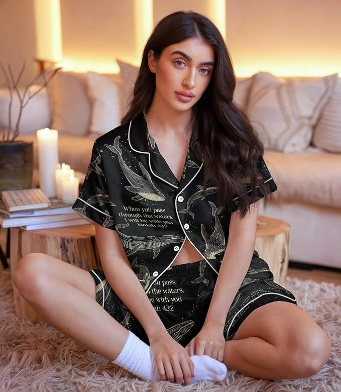 Women’s Silk Satin Pajama Set, Short Sleeve Button Down 2 Piece PJs with Shorts, Cozy Loungewear & Matching Holiday Pajamas