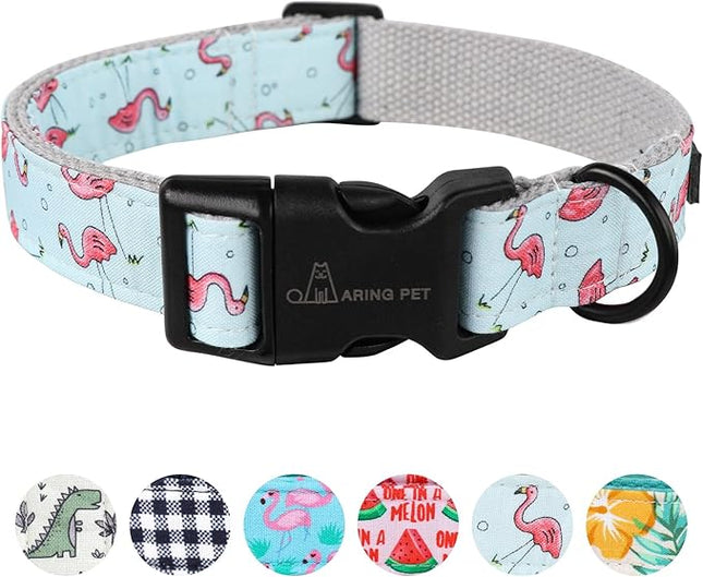 ARING PET Summer Dog Collar, Cute Flamingo Adjustable Lightweight Cotton Pet Collars for Small Medium Large Boy and Girl Dogs, Large
