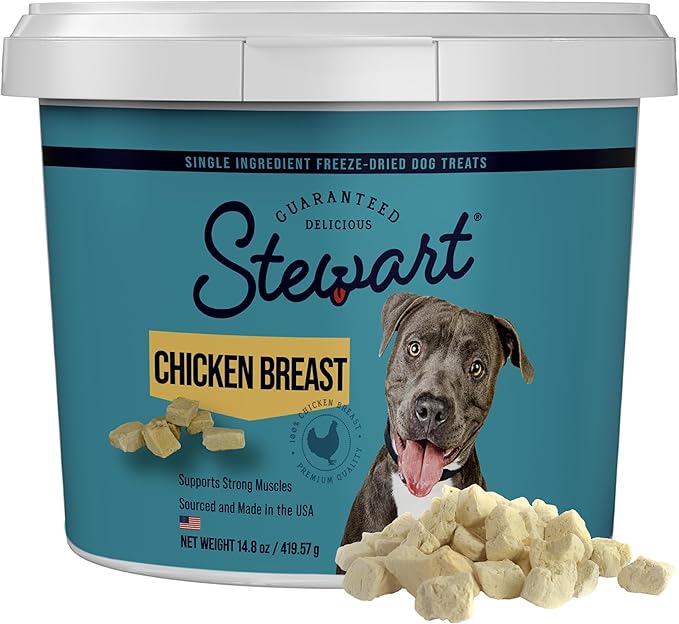 Stewart Single Ingredient Freeze Dried Raw Dog Treats, Chicken Breast, 14.8 Ounce Value Size, up to 280 Pieces per Resealable Tub, Training Treats or Meal Topper, High Protein, Grain Free, Gluten Free