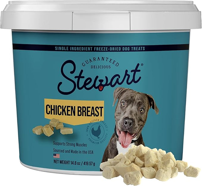 Stewart Chicken Breast Dog Treats, 14.8 oz, ~280 Pieces, Freeze Dried Raw, Single Ingredient, 74% Protein Training Treats or Meal Topper in a Value Size Resealable Tub, Grain Free, Gluten Free