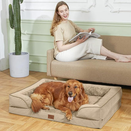 Comfort Expression Waterproof Orthopedic Foam Dog Beds for Extra Large Dogs Sofa Pet Bed Washable Removable Cover with Zipper and Bolster(53 x 42 Inch, Light Brown)