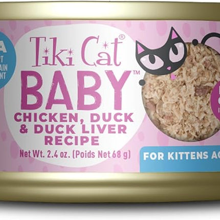 Tiki Cat Baby, Chicken Duck & Duck Liver Mousse & Shreds, High-Protein and Flavorful, Wet Cat Food for Kittens 4 Weeks Plus, 2.4 oz. Cans (Pack of 12)