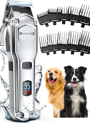 oneisall Dog Clippers for Grooming for Thick Heavy Coats/Low Noise Rechargeable Cordless Pet Shaver with Stainless Steel Blade/Waterproof Dog Shaver for Dogs Pets and Animals (Sliver)