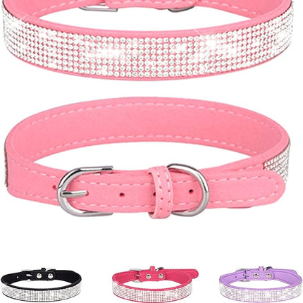 Dog Collar for Small Dogs, Adjustable Leather Suede Bling Dog Collars，Pink Dog Collar Cat Collar, Rhinestone Dog Collar(S, Pink)