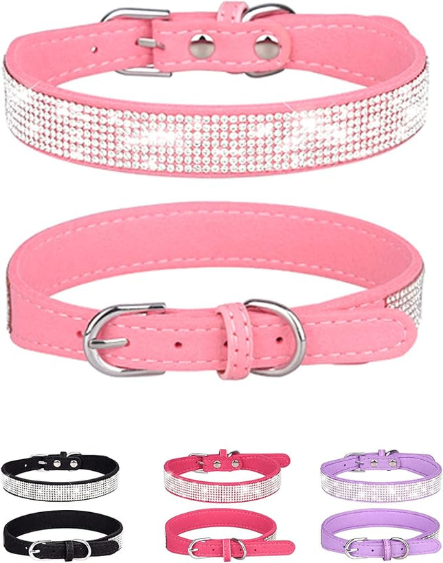 Dog Collar for Large Dogs, Adjustable Leather Suede Bling Dog Collars，Pink Dog Collar Cat Collar, Rhinestone Dog Collar (L, Pink)