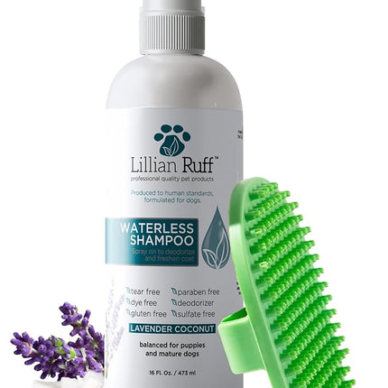 Lillian Ruff Waterless No-Rinse Dog Dry Shampoo Spray with Hydrating Essential Oils - pH-Balanced Dry Shampoo for Dogs - Clean, Condition, Detangle & Deodorize Dry, Sensitive Skin (16oz/Brush)