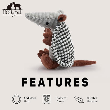 Hollypet Plush Dog Squeaky Toy Stuffed Armadillo Animal Pet Puppy Chew Toys with Clean Teeth for Small Medium Large All Breed Sizes Dogs, Black and White,8 in