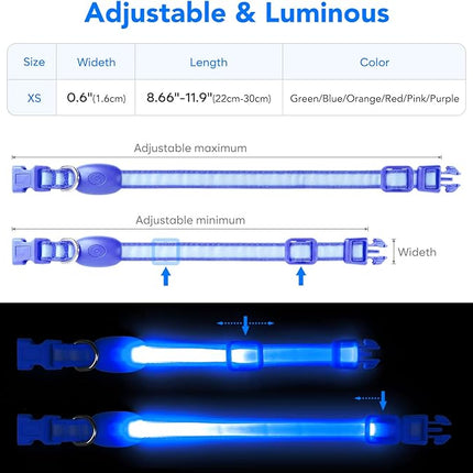 Light up Collar for Small Dog,Vizpet XS Adjustable Size Nylon Collar USB Rechargeable Bright Safety Pet Collar for Cats Small Dogs (Blue, X-Small[ 8.66-11.9 inch/22cm-30cm])