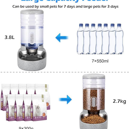 Automatic Cat Feeder and Water Dispenser with Stainless Steel Bowl Gravity Food Feeder and Waterer Set for Small Medium Dog Puppy Kitten 1 Gallon x 2(Grey)