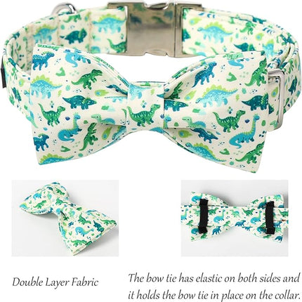 Lionet Paws Dinosaur Dog Collar with Bowtie, Cute Summer Beige Dog Collar for Girl for Large Dogs, Adjustable Cotton Pet Collars for Large Dogs