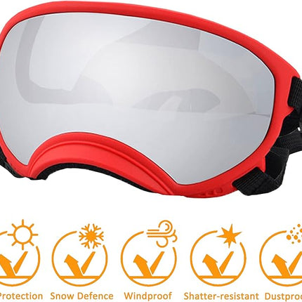 Large Dog Sunglasses with Adjustable Strap UV Protection, Winproof Puppy Sunglasses, Suitable for Medium-Large Pet Glasses, Dogs Eyes Soft Goggles, Red Silver