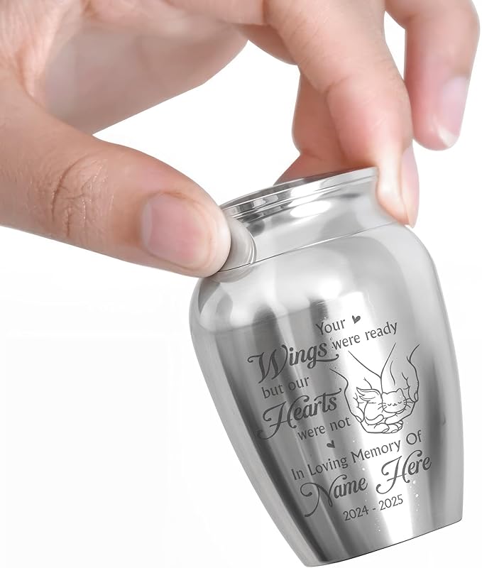 Artsy Woodsy Personalized Pet Memorial Cat Mini Urns Stainless Steel Decorative Keepsake Urns for Ashes 2.56 inch, Gifts for Cat Mom Dad Lovers Accessories in Loving Memory Loss (10, 2.56x1.77, Cat)