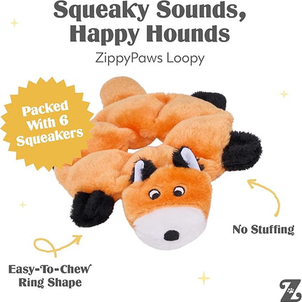 ZippyPaws Loopy - No Stuffing Dog Toys to Keep Them Busy, for Small, Medium, & Large Dogs, Squeaky Pet Toy for Boredom, Unstuffed Chew Toy, Soft Plush Puppy Products, Fox - 10"