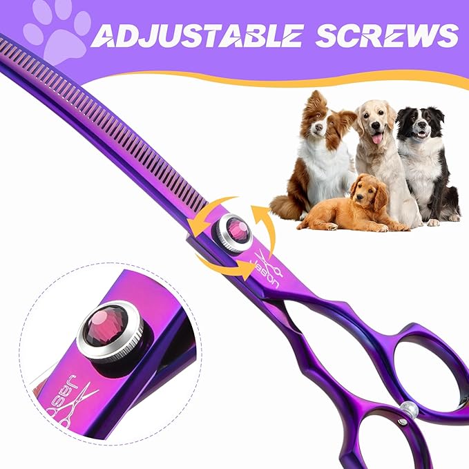 JASON 7.5" Dog Grooming Scissors - Professional Curved Thinning Shears for Grooming, Japanese 440C Stainless Steel Blender Shears with Diamond Adjustable Screw (65 Teeth, Purple)