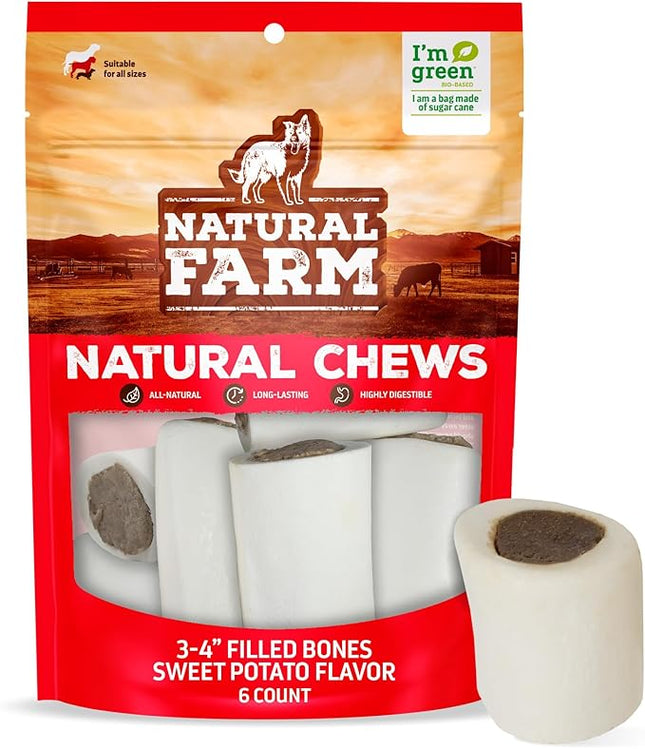Natural Farm Sweet Potato Filled Bones (3-4 Inch, 6 Pack), Limited Ingredient, Natural Stuffed Dental Dog Bone Treats for Dogs, Made with Real Beef & Sweet Potato
