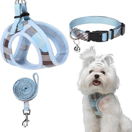 EXPAWLORER Classic Plaid Puppy Harness - Small Dog Collar and Leash with AirTag Holder Case - Soft Mesh Padded Adjustable Dog Vest Harness No Pull, Reflective Escape Proof for Outdoor, Blue XS