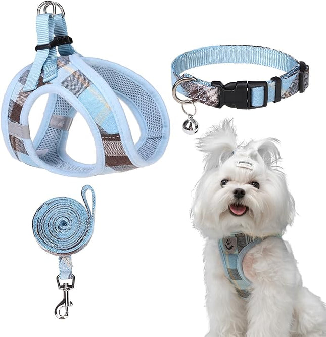EXPAWLORER Classic Plaid Puppy Harness - Small Dog Collar and Leash with AirTag Holder Case - Soft Mesh Padded Adjustable Dog Vest Harness No Pull, Reflective Escape Proof for Outdoor, Blue XS