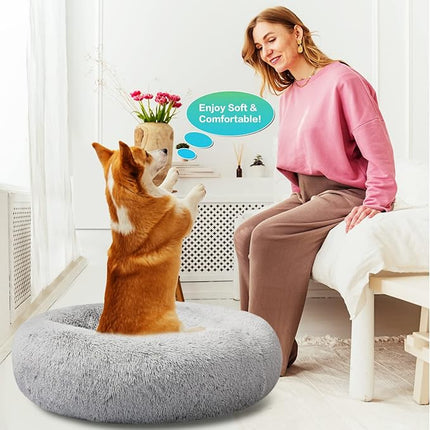 SAVFOX Calming Dog Bed, Anti Anxiety Dog Bed, Plush Donut Dog Bed for Small Dogs, Medium, Large & X-Large, Soft Fuzzy Comfy Dog Bed in Faux Fur, Cuddler Pet Bed, Washable, Multiple Sizes S-XL