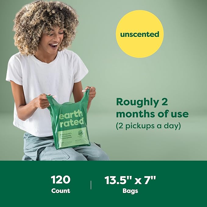 Earth Rated Dog Poop Bags with Handles, Extra Wide, Easy Tie and Guaranteed Leakproof, Unscented, 120 Handle Bags