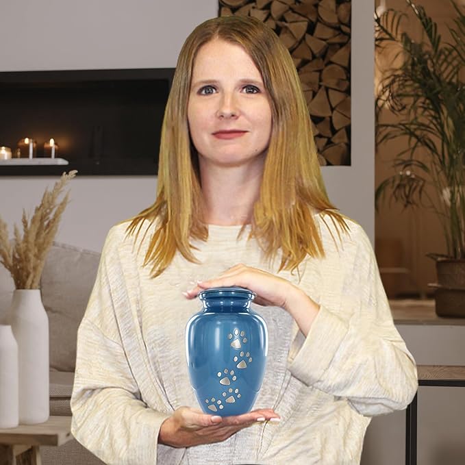 Trupoint Memorials Small Pet Urn for Dogs and Cats Ashes, Paws Print Blue Cremation Urns for Pets up to 17 lbs