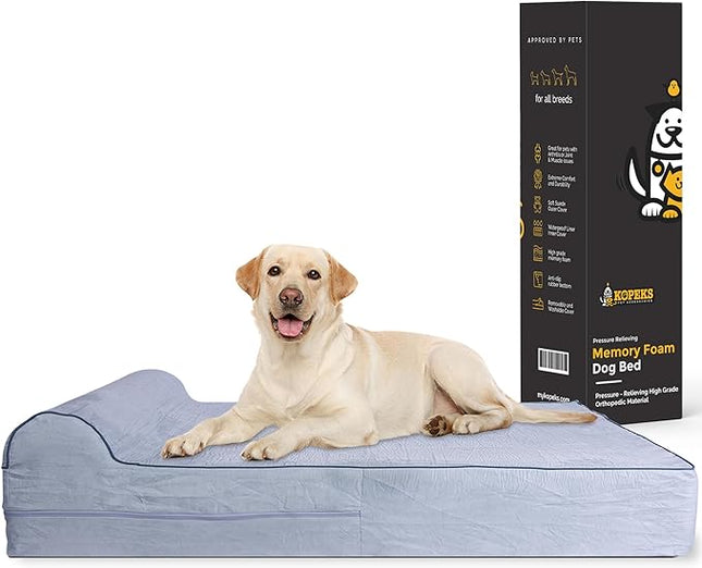 KOPEKS Orthopedic Memory Foam Dog Bed 7" Inch Thick Extra Large Dog Bed With Pillow Grey 50"x34"x10" Includes Waterproof Liner and Durable Removable Cover With Smart Design