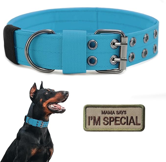Tactical Dog Collar Military Adjustable Dog Collars Soft Nylon Training Collar with Patch Heavy Duty Metal Buckle Collars for Medium Large Dogs (Blue, XL)