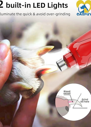 Casfuy Dog Nail Grinder Quiet - (45db) 6-Speed Pet Nail Grinder with 2 LED Lights for Large Medium Small Dogs/Cats, Professional 3 Ports Rechargeable Electric Dog Nail Trimmer with Dust Cap(Red)
